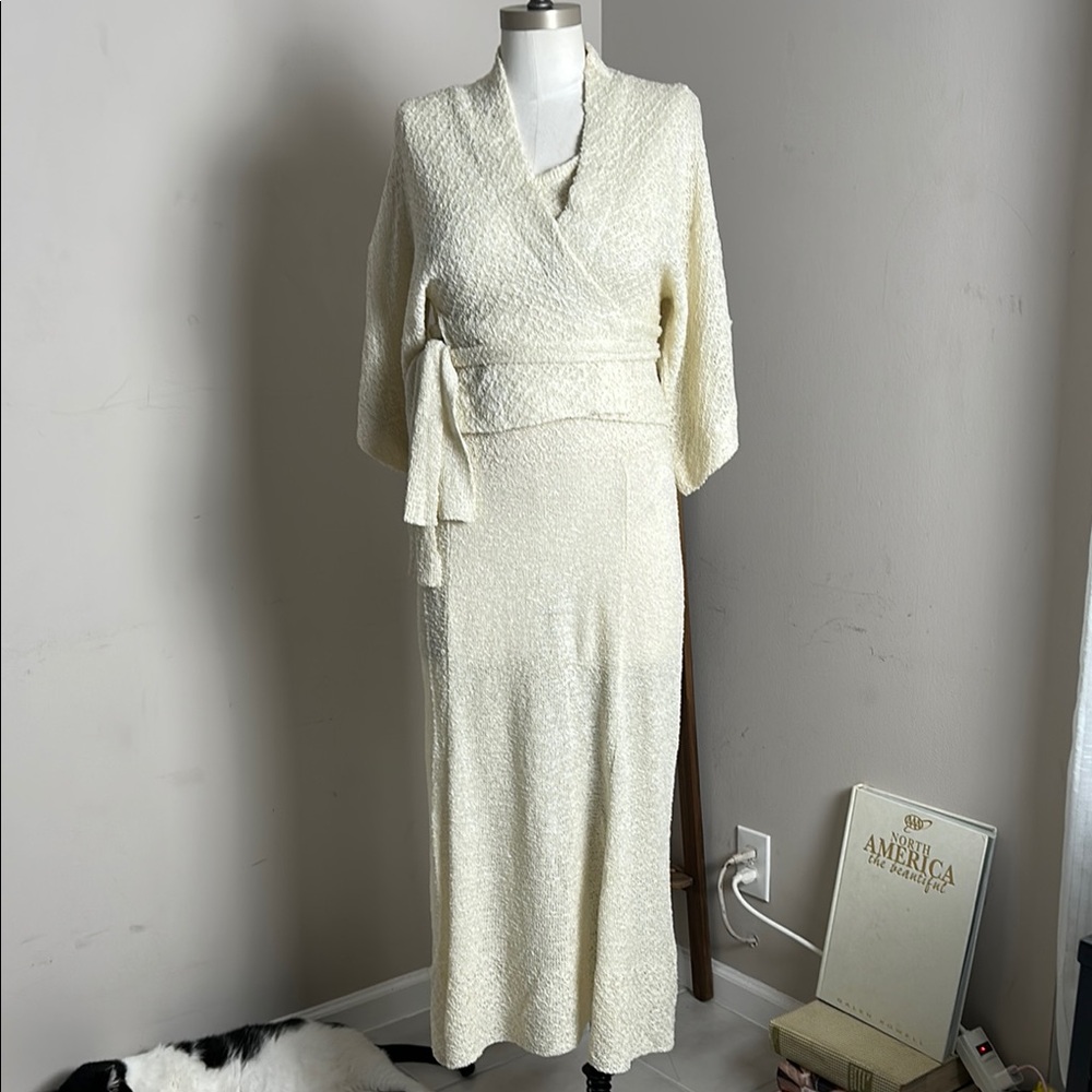VTG Elegant Cream Textured Maxi See Thorough  Dress with Jacket size small